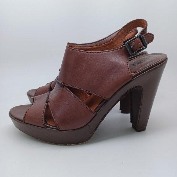 Lucky Brand Heels Brown Leather Peggy Sling Back Open Toe Sandals Womens 7M 37 - Picture 2 of 16